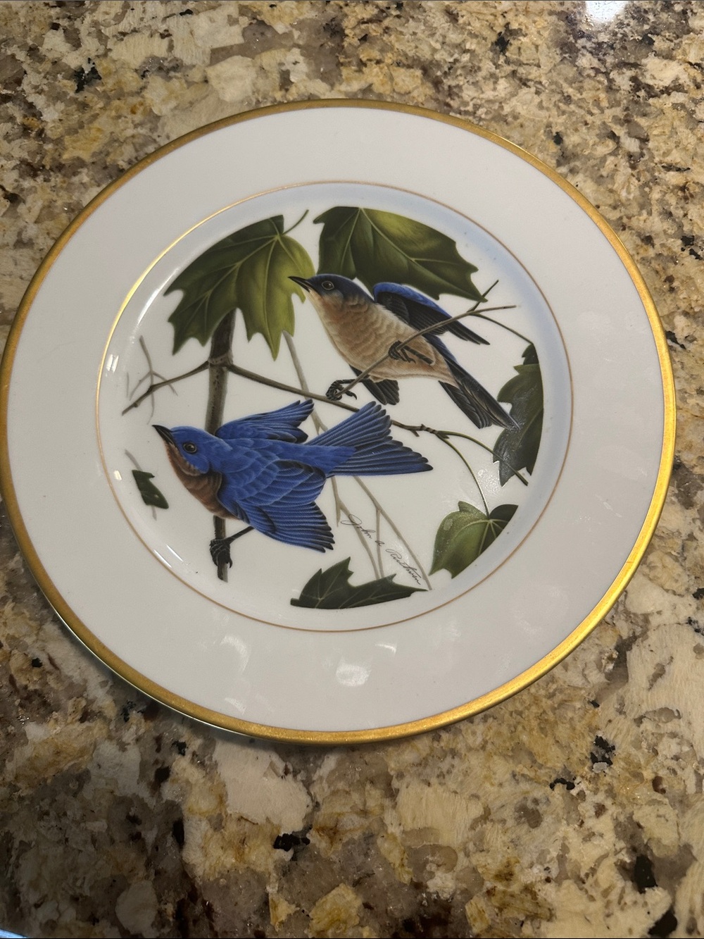 Decorative Porcelain Plate with Blue Bird Motif and Gold Trim